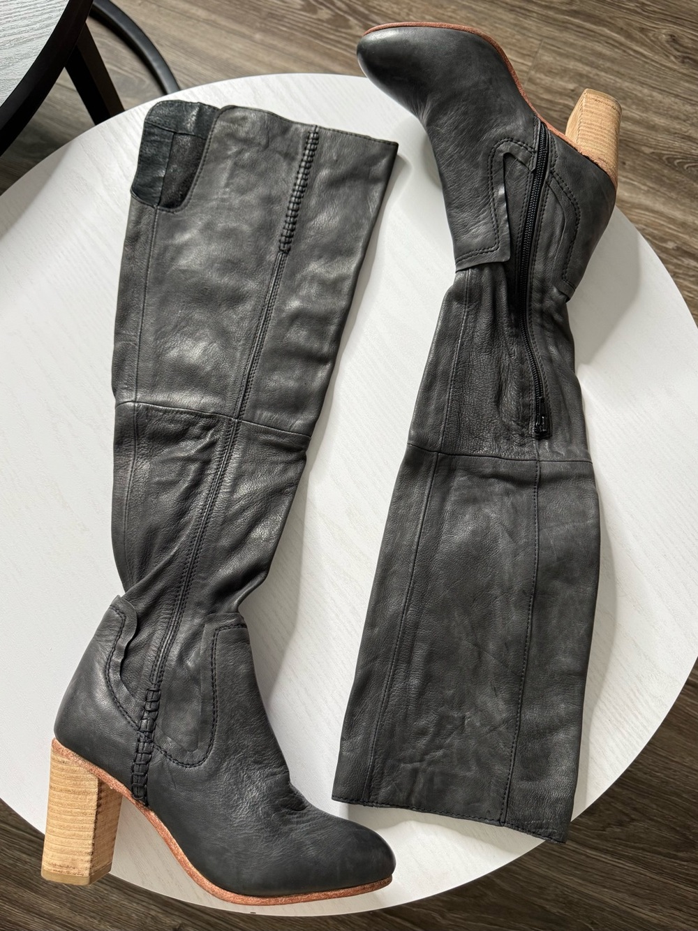 Free People Boho Western Distressed Dark Gray Leather Knee High Boots Size 37